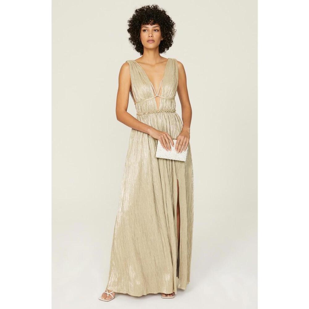 Jonathan Simkhai Gold Plisse Gown Size Small (with fabric pull on slit & stain)